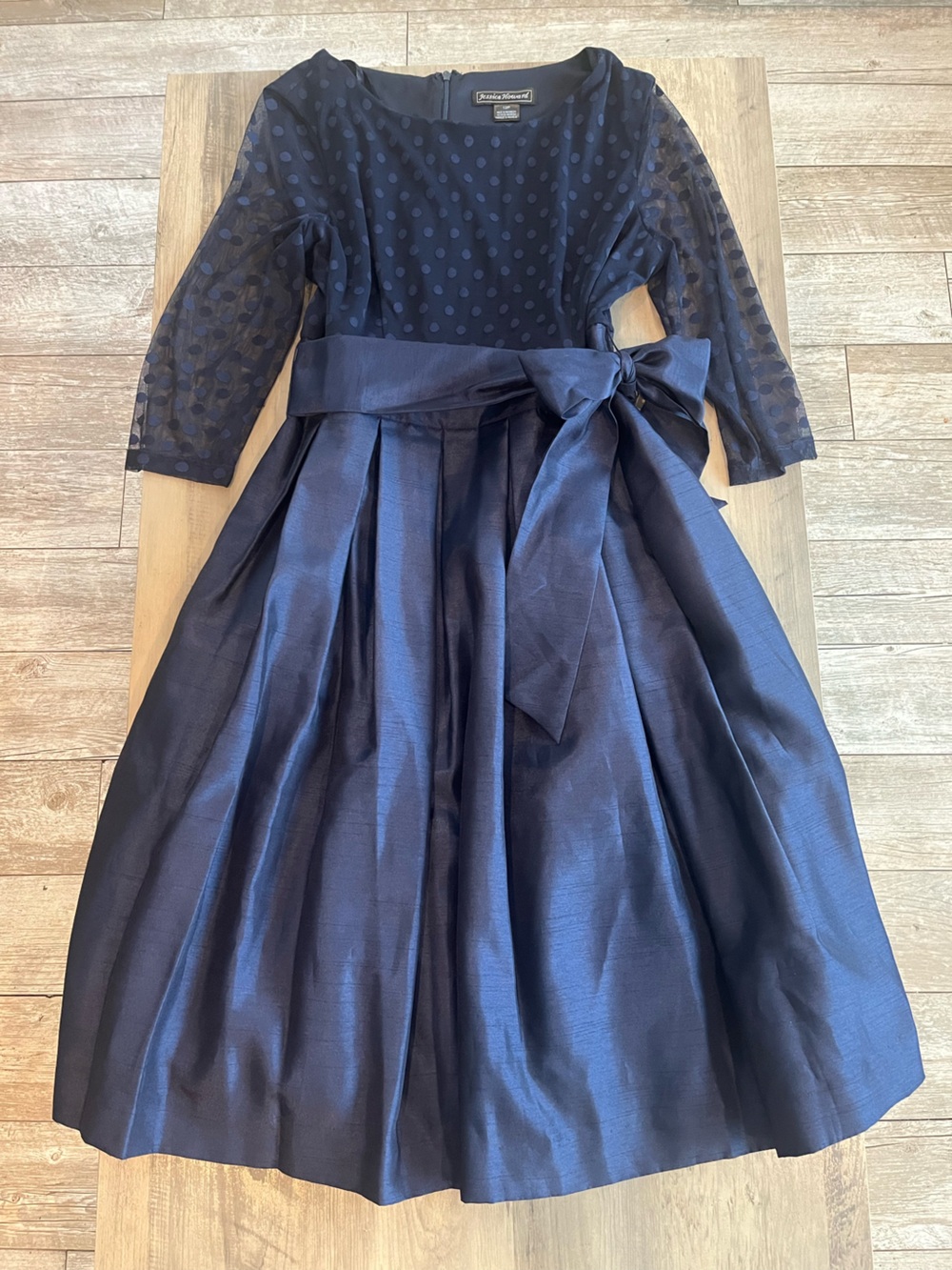 Jessica Howard Navy Polka Dot Sash Formal Dress